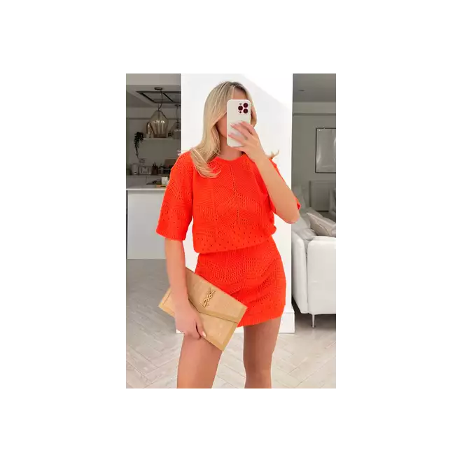 Plain Neon Orange Knitted Top Skirt Crochet Co ord Set Go Wholesale