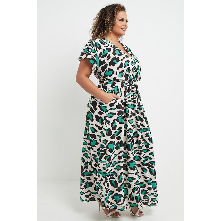 One Size Green Large Animal Print V Neck Wrap Frilly Short Sleeved