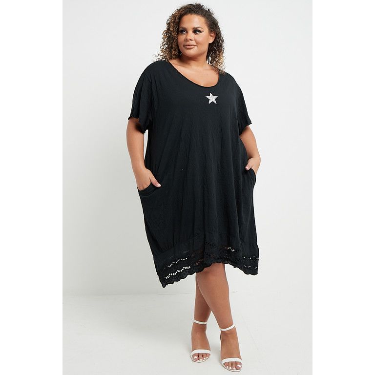 One Size Black Star Embellished Detailed Hemline Loose Fit T shirt