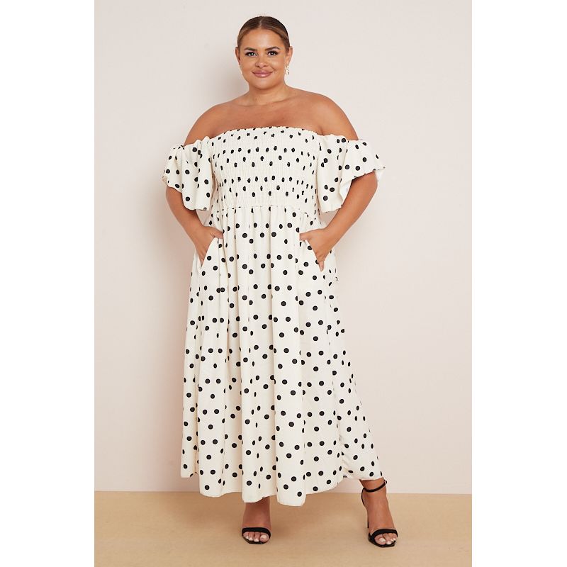 Plus Size White Bardot Polka Dot Maxi Dress With Pockets x 5 Go
