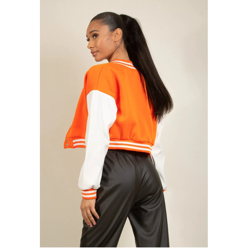 Royal Crop Contrast Sleeve Varsity Jacket