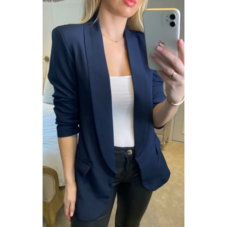 Navy ruched sleeve blazer shop