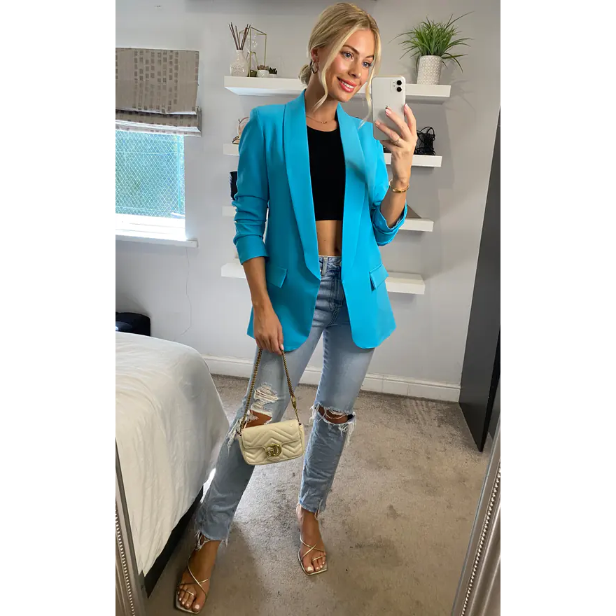 Turquoise Ruched Sleeve Blazer Go Wholesale