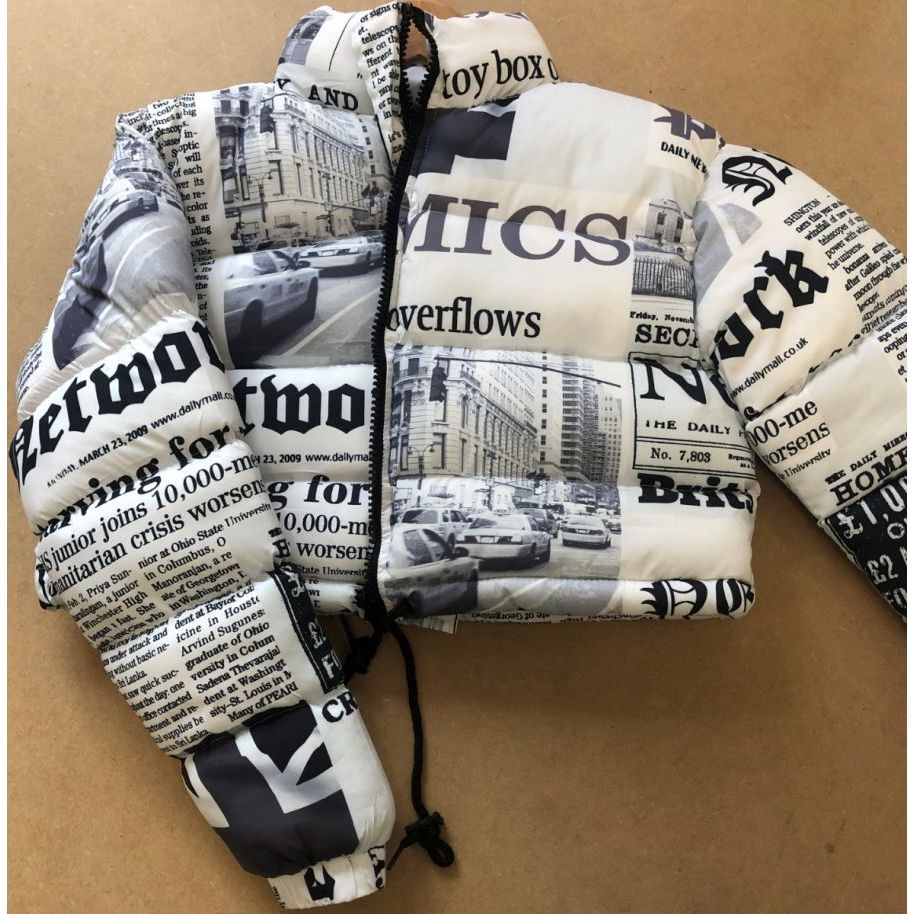 Newspaper Print Cropped Puffer Jacket Go Wholesale