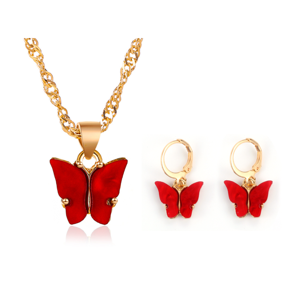 Stunning Gold Butterfly Necklace Earrings Set Red and Green